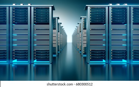 Dark Server Room Data Center Storage With Blue Lights 3D Rendering