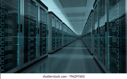 Dark Server Room Data Center Storage Interior 3D Rendering