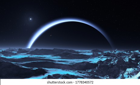 Dark Side Of Neptune, View From The Moon Triton. 3d Rendering