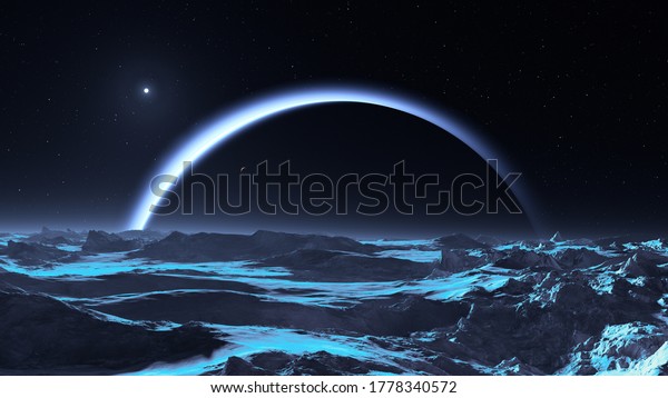 Dark side of Neptune, view from the moon\
Triton. 3d\
rendering