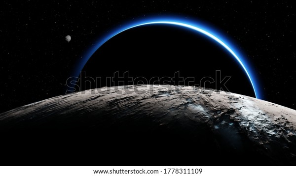 Dark side of Pluto, view from the moon Charon.
3d rendering