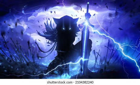 A dark silhouette with an electric wolf warrior, he is a child with incredible elemental power, a magic sword sparkling with lightning in his hand, a destructive storm is raging behind him 2d art