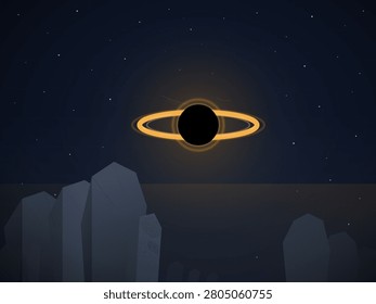 A dark silhouette of a ringed planet eclipsing a star against a starry night sky above an alien rocky landscape