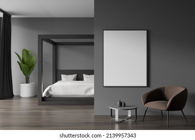 Dark sleeping interior with canopy bed, armchair with coffee table before entrance, hardwood floor. Relaxing space in hotel apartment. Mockup poster, 3D rendering