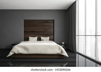 Dark Sleeping Room, Bed With Black Floor. Minimalist Design Of Bedroom With Coffee Table, Windows With City View, 3D Rendering No People