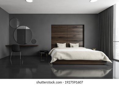 Dark Sleeping Room, Bed And Chair With Desk On Black Floor. Minimalist Design Of Bedroom With Coffee Table, Windows With City View, 3D Rendering No People