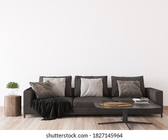 dark sofa in minimal living room design, empty wall mockup, modern style, 3d render, 3d illustration