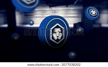 dark space with CRO cronos Cryptocurrency Crypto .com DeFi Coin tech and future money blockchain digital colorful technology lines background 3d rendering illustration