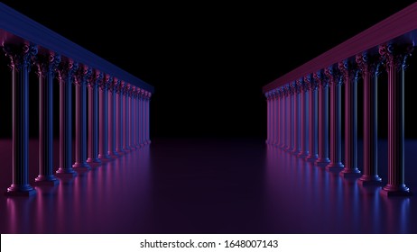 Dark Space With Passage Of Columns. 3D Render.