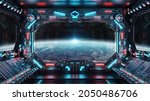 Dark spaceship interior with glowing blue and red lights. Futuristic spacecraft with large window view on planet Earth and control panels. 3D rendering