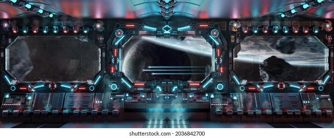 Dark spaceship interior with glowing blue and red lights. Futuristic spacecraft with large window view on planets in space and control panels. 3D rendering