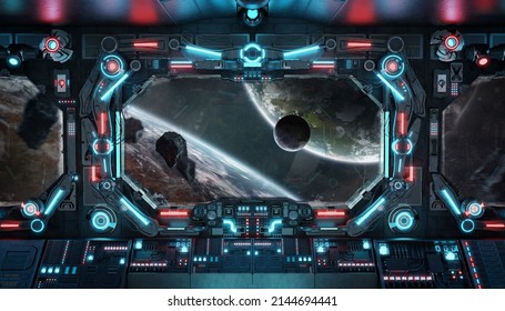 Dark Spaceship Interior With Glowing Blue And Red Lights. Futuristic Spacecraft With Large Window View On Planets In Space And Control Panels. 3D Rendering