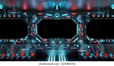 Dark Spaceship Interior With Isolated Large Window. Futuristic Spacecraft With Glowing Blue And Red Control Panels And Empty View. 3D Rendering