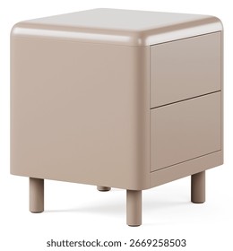 Dark square beige bedside table with rounded corners, two drawers, and four slim cylindrical legs for a minimalist and elegant look. Isolated on white background. 3d render