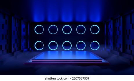 Dark Square Plinth For Product Presentation With Line Lamps Around Realistic 3D Abstract Background.illustration