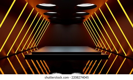 Dark Square Plinth For Product Presentation With Line Lamps Around Realistic 3D Abstract Background.illustration