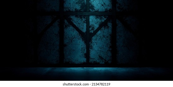 Dark Stage Podium Spotlight Glowing Blue Lights On Rough Grunge Wood Barn Stone Concrete Cement Glossy Floor Dark Hangar Tunnel Corridor 3D Rendering Illustration