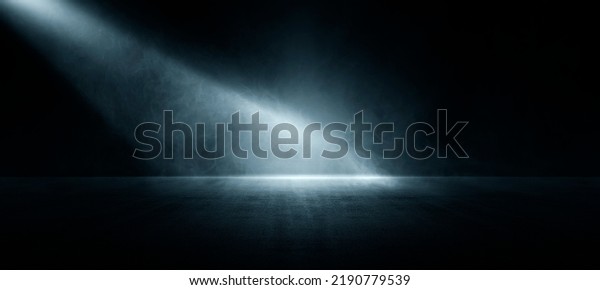 The\
dark stage shows, dark blue background, an empty dark scene, neon\
light, and spotlights The concrete floor and studio room with smoke\
float up the interior texture for display\
products