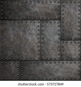 Dark stained metal plates with rivets seamless background 3D illustration