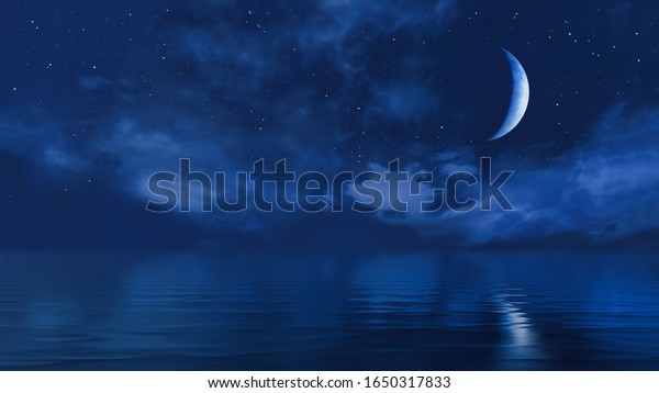 Dark starry night sky above calm ocean and\
fantastic big half moon shines at the mirror water surface. With no\
people simple natural background 3D illustration from my 3D\
rendering file.