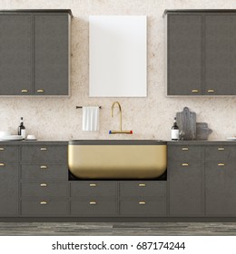 Dark Stone Kitchen With Copper Sink And Blank Poster. Mock Up. 3d Rendering