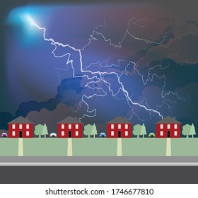 Dark storm clouds and lightning over houses on urban residential street
