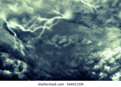 Dark Stormy Sky And Bright Lightning, Thunderstorm Background.