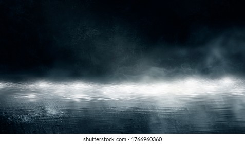 Dark street, reflections of rays in the water. Abstract dark background, smoke, smog. Empty dark dramatic scene, neon light, spotlights. Liquid. 3D illustration