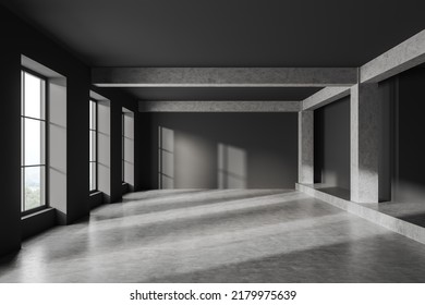 Dark Studio Interior With Grey Concrete Floor, Front View, Empty Open Space Apartment With Panoramic Window On Countryside. No Furniture, No People. 3D Rendering