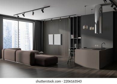 Dark Studio Interior With Soft Place And Tv Set, Side View, Bar Island With Chairs. Relaxing And Cooking Zone In Open Space Flat. Panoramic Window On Singapore City View. 3D Rendering