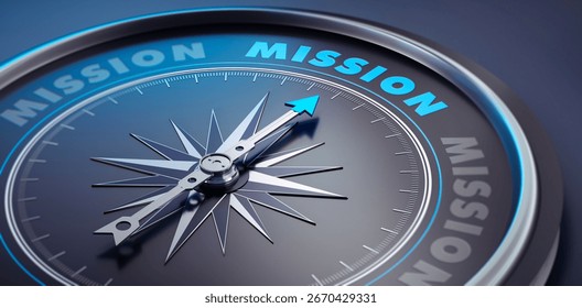 Dark stylish compass with needle pointing to the word mission - 3D illustration