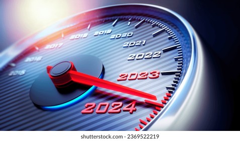 Dark stylish speedometer with blue light and needle moving to the year 2024 - 3d illustration