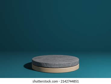 Dark Teal, Aqua Blue 3D Rendering Simple Product Display, Natural Minimal Background With Cylinder Podium Stand Made Out Of Concrete And Wood For Nature Products