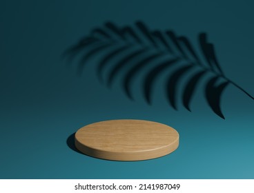 Dark Teal, Aqua Blue Simple 3D Render Minimal Natural Product Display Composition With One Wood Podium Or Stand With Palm Leaf Shadow In The Background