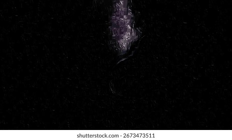 Dark, textured abstract image featuring subtle, colorful brushstroke-like patterns in shades of purple, blue, and white against a black backdrop, creating a mysterious visual.