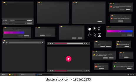 Dark theme of desktop user interface. Web browser , online video player, error message and computer cursor in night mode skin