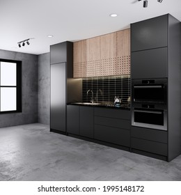 Dark tone loft style kitchen room interior design and decoration with built in black counter and cabinets, microwave, oven, stove and sink. 3d rendering modern loft kitchen room.