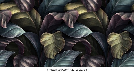 Dark tropical leaves in golden, silver, purple colors. Seamless pattern, luxury wallpaper. Premium 3d illustration, vintage watercolor design. Dark background, metallic texture. Abstract digital paper