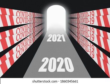 Dark tunnel and boundary strips   light at the end  An abstract picture showing the possible end the restriction   pandemic the coronavirus in 2021 