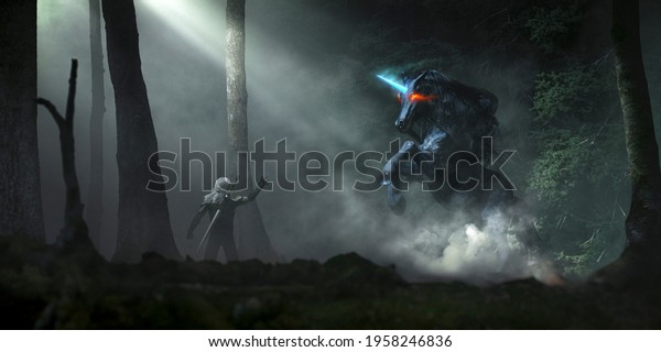 Dark unicorn in a night black forest with mist\
and fog illuminated by god ray and an obscure elf taming it -\
concept art - 3D\
rendering