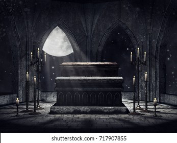 Dark Vampire Crypt With Candles And Moonlight. 3D Illustration.