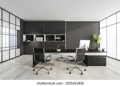 Dark Wall Office Room With Table And Desktop Computer, Armchairs On White Parquet Floor. Shelf With Papers On Background, Plant With City View. 3D Rendering, No People