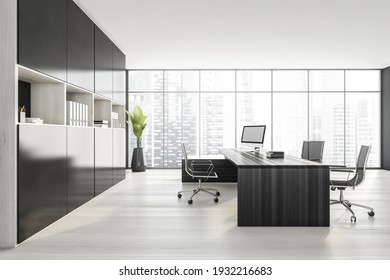 Dark Wall Office Room With Table And Desktop Computer, Side View, Armchairs On White Parquet Floor. Shelf With Business Files, Plant With City View. 3D Rendering, No People