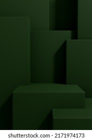 Dark, Warm Green 3D Rendering Product Display Wallpaper With Podium Or Stand Good Fore One Or Two Luxury Products On Simple, Minimal, Abstract, Geometry Product Photography Background