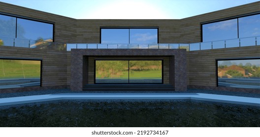 Dark Water In The Pool In The Courtyard Of A Country House With A Wooden Facade. Glass Panel Fencing Along The Entire Building. 3d Render.