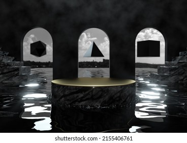 Dark Water Sci Fi Fantasy Scene With Black Marble And Gold Plinth. 3D Illustration.