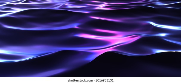 Dark Waves Neon With Flares Of Night City Surface. Glow Purple Water 3d Render Splashes With Blue Lights Of Urban Futuristic. Bright Shimmer With Reflections Of Synthwave Electro Effects