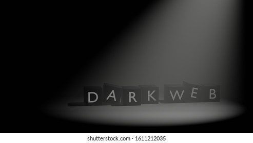 Dark Web letter at cube in dark background with volumetric spotlight effect. 3D illustration with empty space.