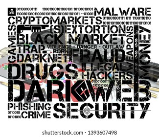 Dark Web Tag Cloud Over Illustration Representing Several Activities Of Dark Web