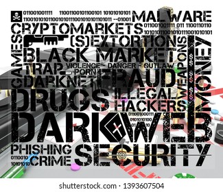 Dark Web Tag Cloud Over Illustration Representing Several Activities Of Dark Web, 3d Rendering